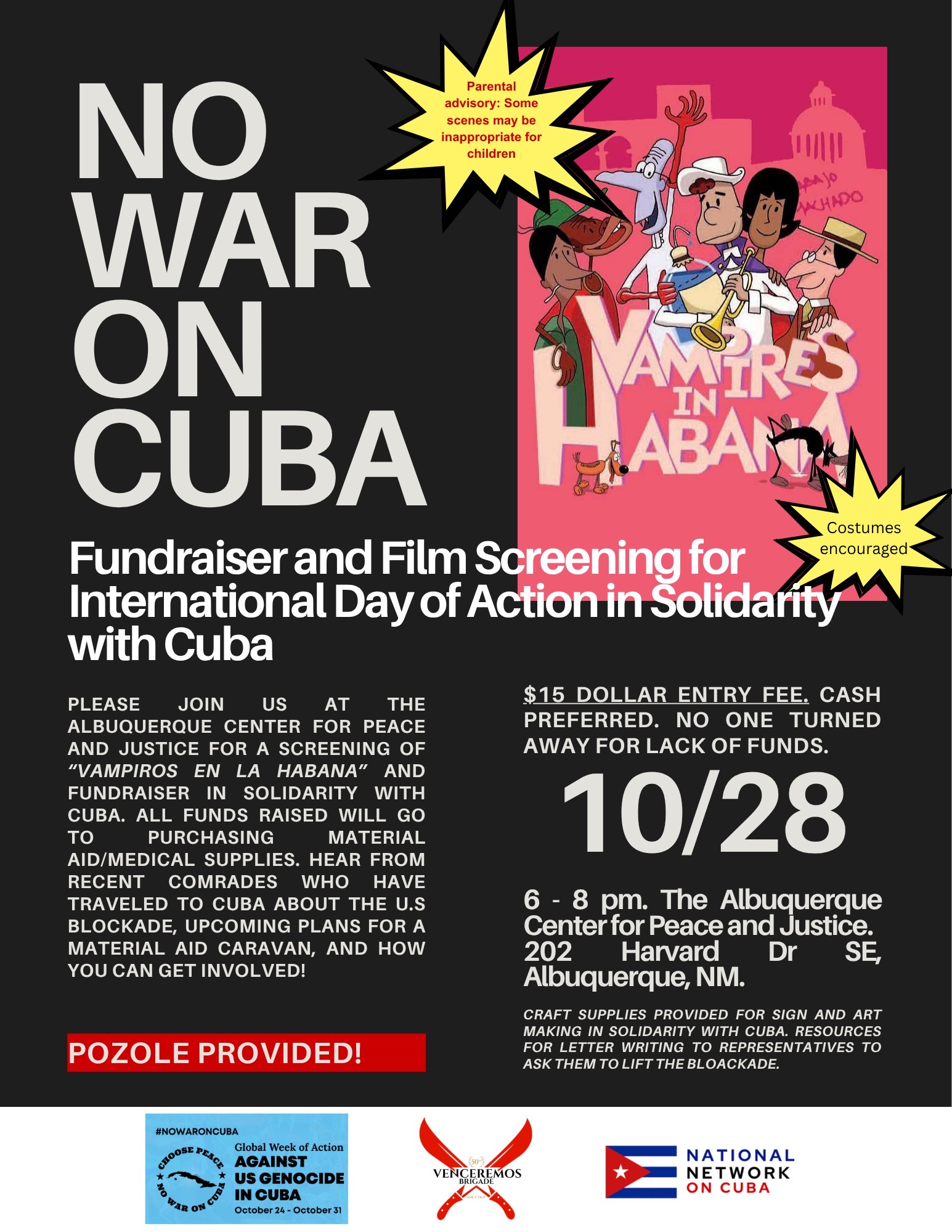 No War On Cuba Fundraiser and Film Screening flyer