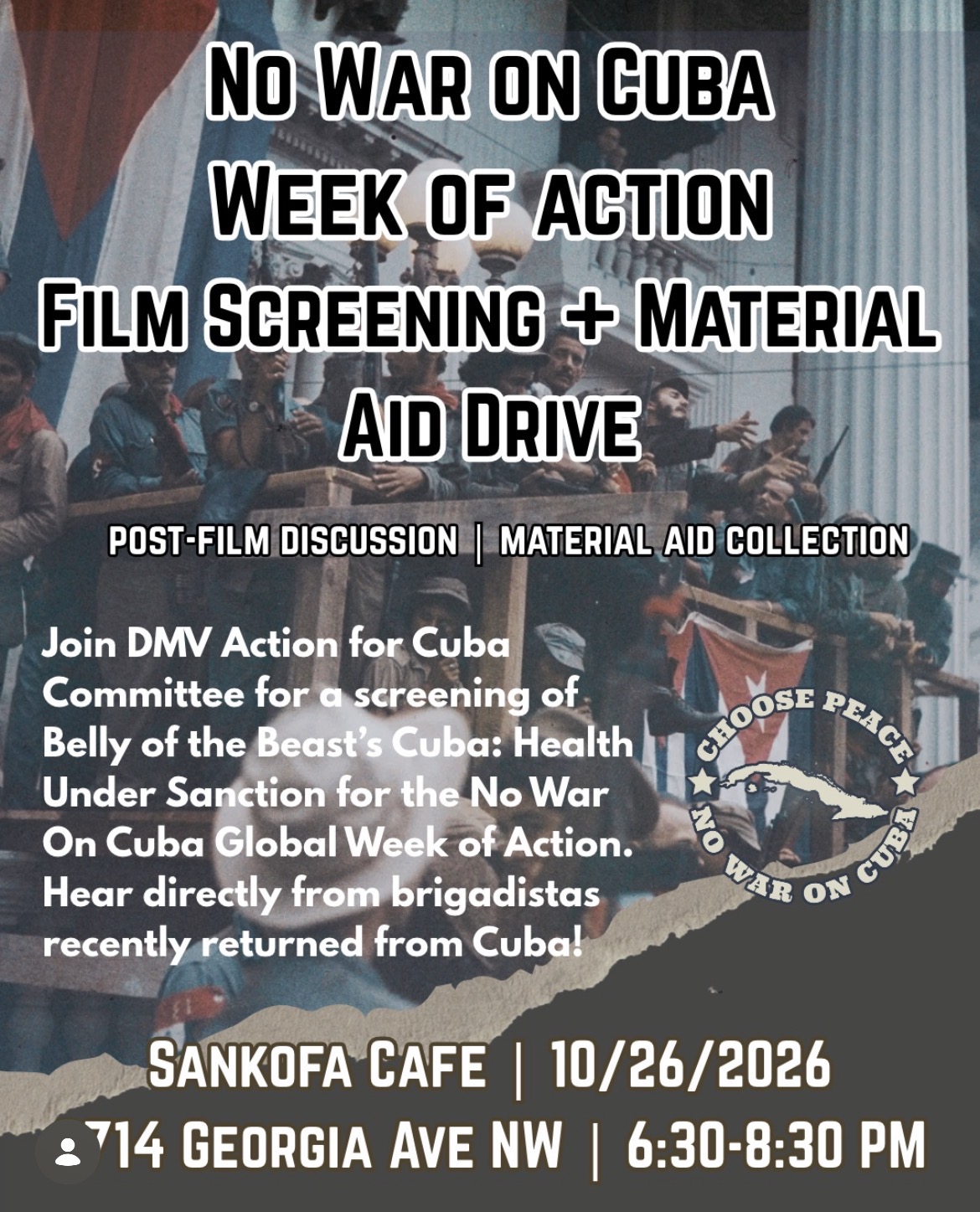 DMV Action For Cuba Film Screening and Material Aid Drive flyer