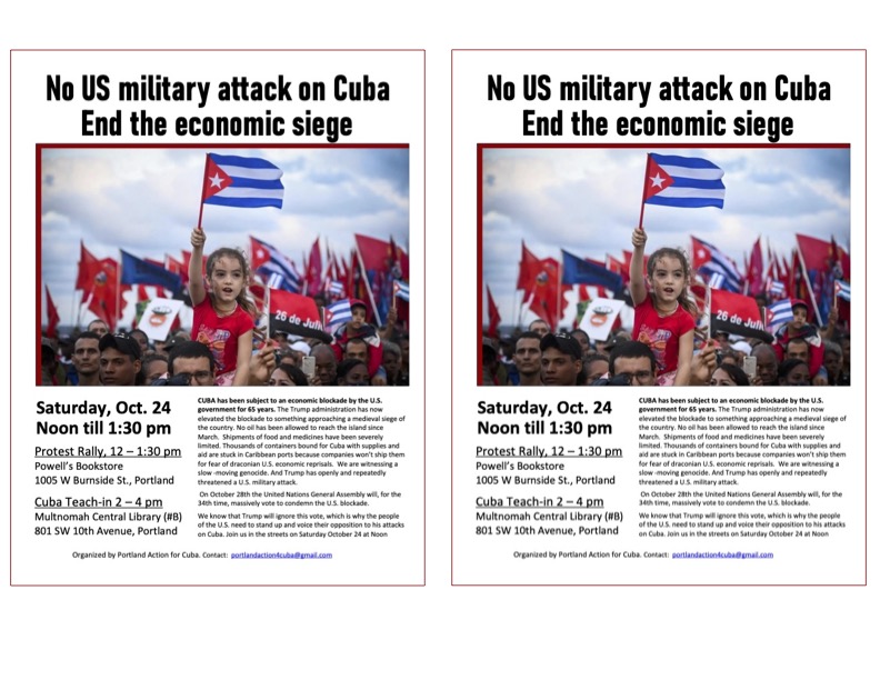Portland (OR) protest rally and Cuba teach-in flyer